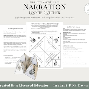 Charlotte Mason Narration Cootie Catcher | Gentle Narration Prompts & Beginner's Guide | Homeschool Printable | Morning Basket