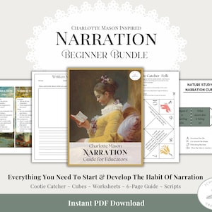 K&ouml;nnte beinhalten: Ein digitales Download-Bundle mit dem Titel "Charlotte Mason Inspired Narration Beginner Bundle". Das Bild zeigt ein Portr&auml;t einer lesenden Frau, zusammen mit Arbeitsbl&auml;ttern, einem 6-seitigen Leitfaden und einem Erz&auml;hl-W&uuml;rfel. Der Text enth&auml;lt "Everything You Need To Start & Develop The Habit Of Narration."
