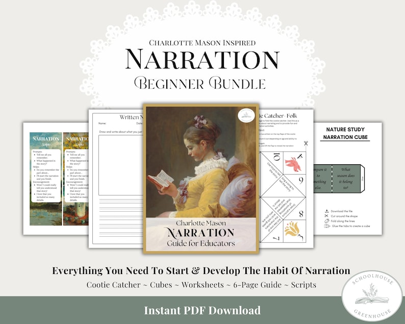 K&ouml;nnte beinhalten: Ein digitales Download-Bundle mit dem Titel "Charlotte Mason Inspired Narration Beginner Bundle". Das Bild zeigt ein Portr&auml;t einer lesenden Frau, zusammen mit Arbeitsbl&auml;ttern, einem 6-seitigen Leitfaden und einem Erz&auml;hl-W&uuml;rfel. Der Text enth&auml;lt "Everything You Need To Start & Develop The Habit Of Narration."
