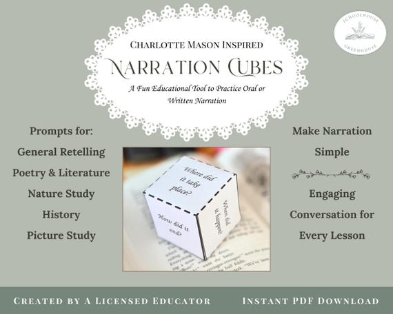 Charlotte Mason Narration Cubes | Fun, Hands-On Tool for Homeschool Reading | Homeschool Printable | Morning Basket