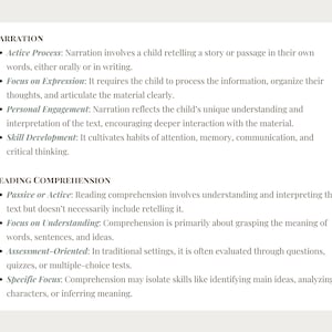 K&ouml;nnte beinhalten: Eine wei&szlig;e rechteckige Grafik mit Text, der Erz&auml;hlung und Leseverst&auml;ndnis detailliert. Der Text enth&auml;lt Aufz&auml;hlungspunkte, die aktive Prozesse, den Fokus auf Ausdruck, pers&ouml;nliches Engagement und Kompetenzentwicklung beschreiben. Der Abschnitt zum Leseverst&auml;ndnis behandelt passiv oder aktiv, Fokus auf Verst&auml;ndnis, Bewertungsorientierung und spezifischen Fokus.