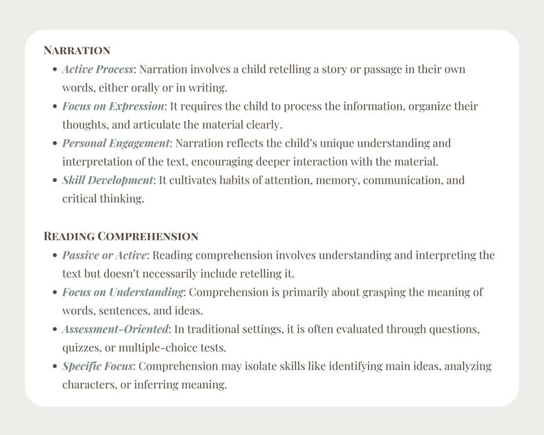 K&ouml;nnte beinhalten: Eine wei&szlig;e rechteckige Grafik mit Text, der Erz&auml;hlung und Leseverst&auml;ndnis detailliert. Der Text enth&auml;lt Aufz&auml;hlungspunkte, die aktive Prozesse, den Fokus auf Ausdruck, pers&ouml;nliches Engagement und Kompetenzentwicklung beschreiben. Der Abschnitt zum Leseverst&auml;ndnis behandelt passiv oder aktiv, Fokus auf Verst&auml;ndnis, Bewertungsorientierung und spezifischen Fokus.