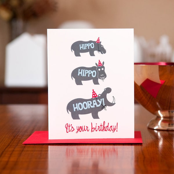 Hippo Hippo Hooray Birthday Card on 100% Recycled Paper