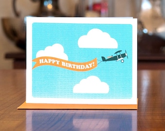 Banner Birthday Card - Biplane with Orange Banner on 100% Recycled Paper