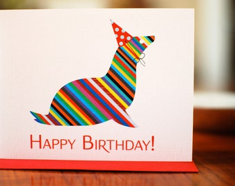 Rainbow Striped Seal in Party Hat Birthday Card on 100% Recycled Paper