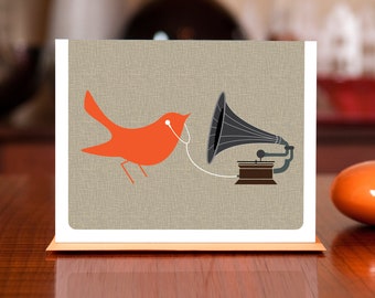 Audiophile - Mod Bird with Gramophone and Earbuds - Set of 8 Blank Cards on 100% Recycled Paper