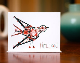 Hello Steampunk Bird - Thinking of You Card on 100% Recycled Paper