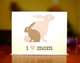 I Heart Mom - Mama and Baby Bunnies New Baby or Mother's Day Card (100% Recycled Paper)