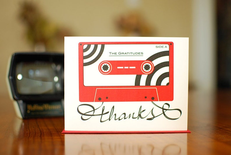 Red Tape Retro Cassette Thank You Card on 100% Recycled Paper image 1