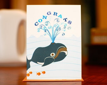 A Whale of a Good Job - Congratulations Card with Whale & Goldfish on 100% Recycled Paper