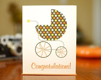 Retro Polka Dot Buggy - New Baby Congratulations Card in Brown, Blue & Orange (100% Recycled Paper)