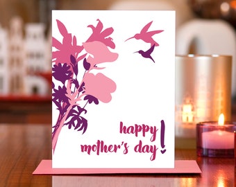 Happy Hummingbirds Mother's Day Card - Modern Flowers and Birds on 100% Recycled Paper