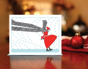 Ice Skating Woman with Red Coat & Flowing Scarf Holiday Card on 100% Recycled Paper
