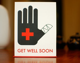 Helping Hand Get Well Card - Bandaged Thumb & Red Cross on 100% Recycled Paper