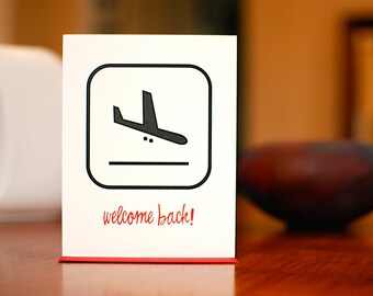 Welcome Back - Descending Airplane Pictograph Card on 100% Recycled Paper