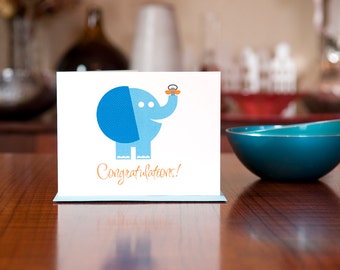 Pachyderm Pacifier - Aqua Blue Elephant New Baby Card on 100% Recycled Paper