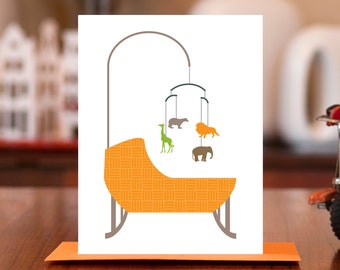 Orange Bassinet with Zoo Animal Mobile - New Baby Congratulations Card on 100% Recycled Paper