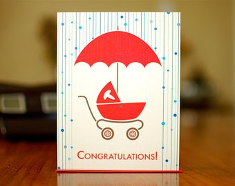 Shower Power - Mod Stroller Baby Shower Card in Red, Blue, or Pink on 100% Recycled Paper