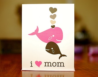 I Heart Mom - Pink & Grey Whales New Baby Card - 100% Recycled Paper