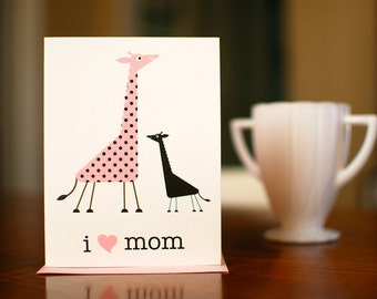 I Heart Mom - Mama & Baby Giraffes New Baby or Mother's Day Card