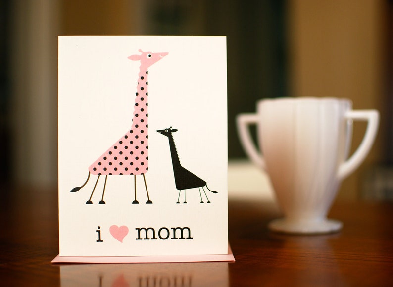 I Heart Mom Mama & Baby Giraffes New Baby or Mother's Day Card image 1