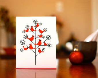 Cardinals in Snowy Tree - Set of 8 Modern Holiday Cards on 100% Recycled Paper