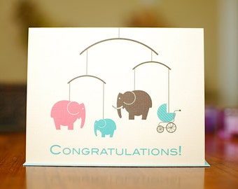 Elephant Family Mobile New Baby Congratulations Card - 100% Recycled Paper