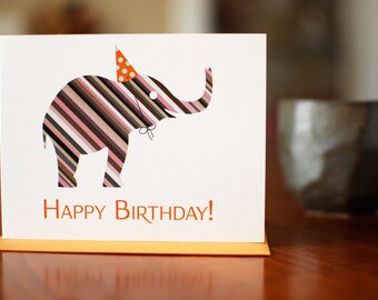 Striped Elephant in Party Hat Birthday Card - 100% Recycled Paper