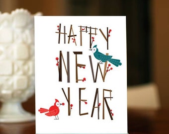 Berry Happy New Year Cards with Birds and Branches - Set of 8 Holiday Cards on 100% Recycled Paper