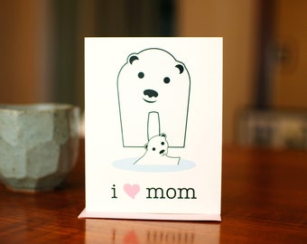 I Heart Mom - Baby and Mama Polar Bear New Baby Card for Mothers