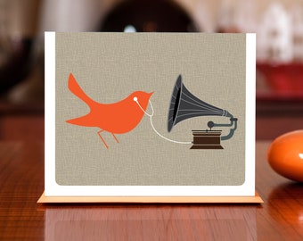 Audiophile - Mod Orange Bird with Gramophone & Ear Buds - Blank Card on 100% Recycled Paper