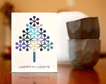 Blue Atomic Snowflake Trees - Set of 8 Mod Holiday Cards on 100% Recycled Paper