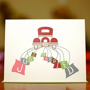 Just Married - Colorful Antique Car Wedding Congratulations Card