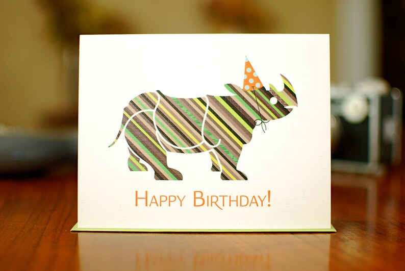 Striped Rhinoceros in Party Hat Birthday Card on 100% Recycled Paper - Etsy