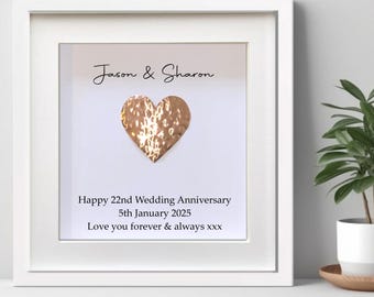 22nd Anniversary Gift-Personalised Copper Anniversary Present-Framed Heart- 22 Years Gift For Him Her Husband Wife Friends Family