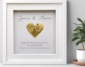 50th Anniversary Gift-Personalised Golden Wedding Anniversary Present-Framed Heart- 50 Years Married-Gift For Husband Wife Friends Family