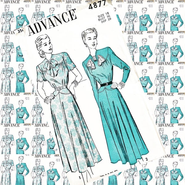 1940s vintage ADVANCE 4877 scallops and full skirt frock sewing pattern BUST 36 bishop method sewing