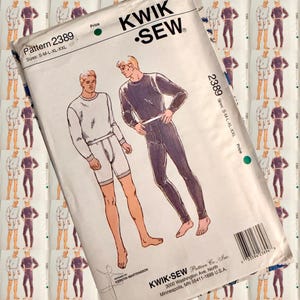 May include: A vintage Kwik Sew pattern packet, featuring illustrations of a person in thermal underwear. The pattern number is 2389, with sizes S-M-L-XL-XXL. The packet has a white background with the Kwik Sew logo and text.