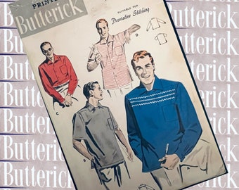 1950s vintage Butterick 7673 sport shirt short & long sleeve options sewing pattern CHEST 40