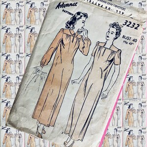 1940-talets ADVANCE 3232 Nattlinne med lång eller kort ärm, krage eller fyrkantig halsringning, vintagemönster, BYST 40