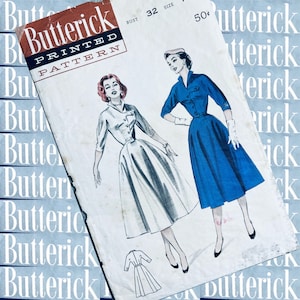 1950s vintage Butterick 6710 dress with tab detailing full skirt below elbow sleeve sewing pattern RARE BUST 32