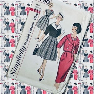 May include: A vintage Simplicity sewing pattern for a dress and jacket. The pattern is for a size 14, bust 34. The pattern is printed on white paper with black text and illustrations. The pattern is for a dress and jacket with a plaid skirt and a red jacket.