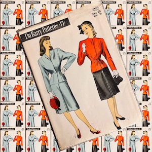 1940s vintage DuBarry 6152 two piece suit Dolman style sleeves skirt with center pleat sewing pattern Bust 38