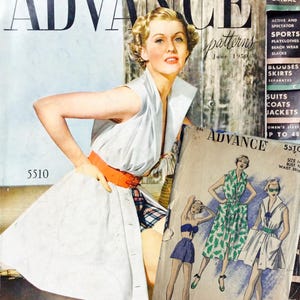 May include: A vintage Advance patterns catalog from June 1950 featuring a blonde model in a white sleeveless dress with an orange belt. Beside it, a sewing pattern envelope labeled 5510 displays illustrations of three outfits including shorts and dresses.