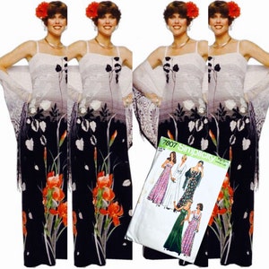May include: A vintage Simplicity sewing pattern for a maxi dress with a floral print. The pattern includes three different styles: a sleeveless dress with a scoop neck, a long-sleeved dress with a V-neck, and a dress with a halter neck. The pattern is for sizes 12-20.