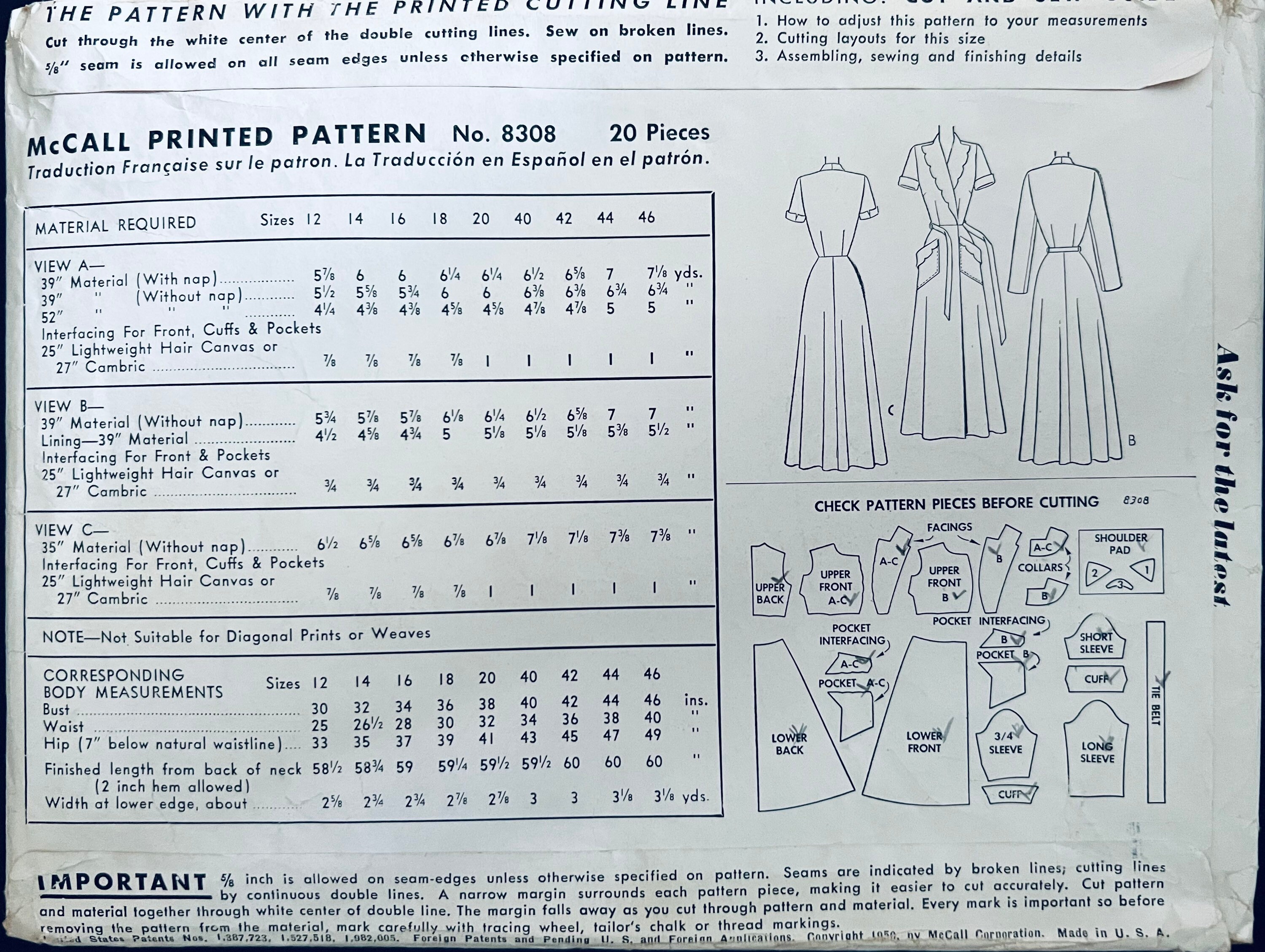 1950s Vintage Mccalls 8308 Dress Robe Pattern Scallop Details Quilted ...
