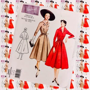 May include: A vintage Vogue sewing pattern featuring illustrations of two women in dresses. The pattern, labeled "Original 1952 Design," includes a drawing of a dress and the text "Vintage Model."