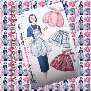 May include: Vintage sewing pattern for a ruffled apron. The pattern is for one size and includes instructions for making three different styles of aprons. The pattern is printed on a white background with black text and illustrations.