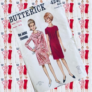 May include: A vintage sewing pattern for a boy's jacket and ensemble. The pattern is from Butterick, size 22 1/2, bust 43. The pattern features two models wearing the finished garments. One model is wearing a red dress and the other is wearing a floral print jacket and skirt.