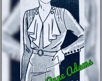 1930s vintage Anne Adams 2487 Mail Order streamlined dress with button jabot, extended cuffs deco streamlined skirt sewing pattern Bust 44
